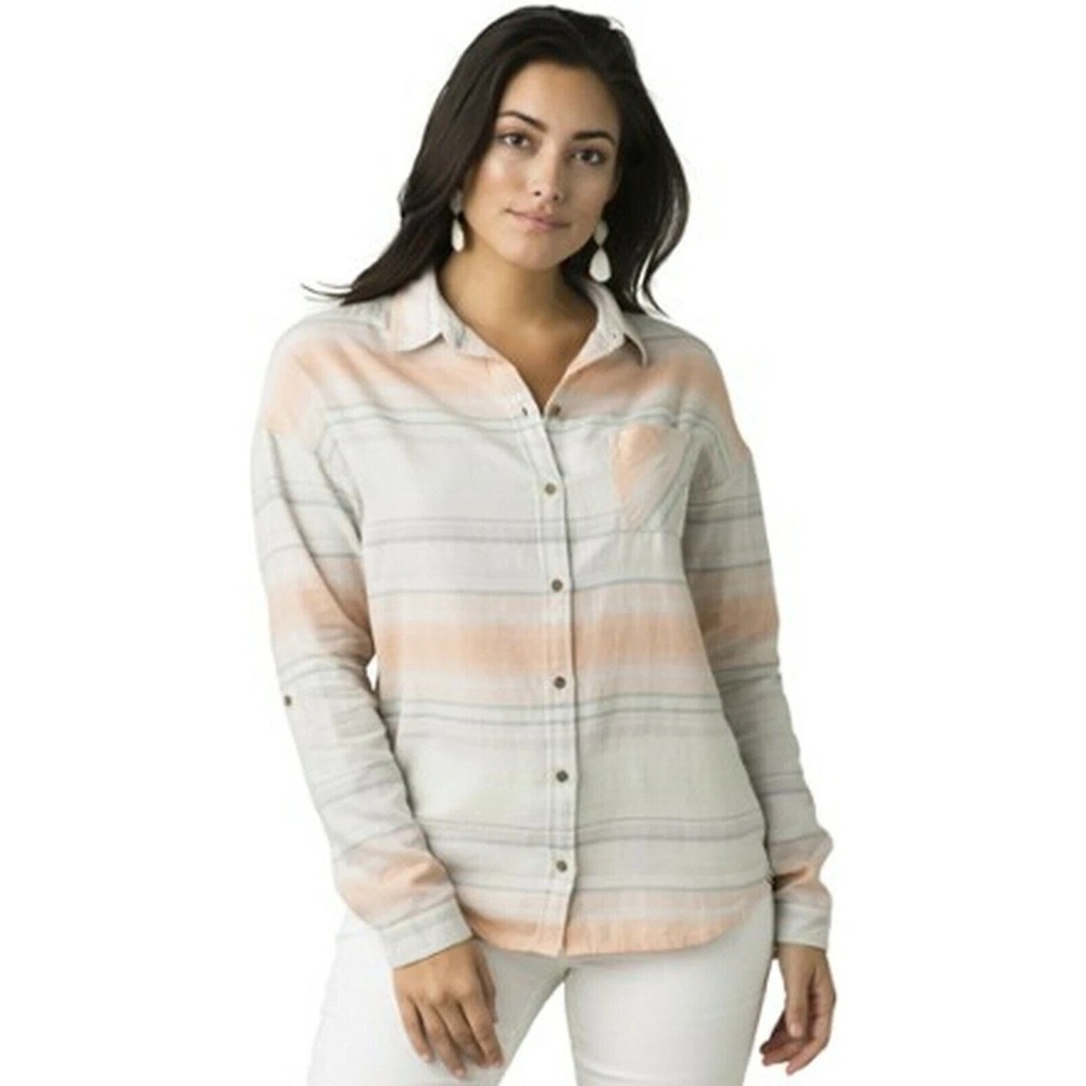 Prana Plaid‎ Button Down Shirt Size Large Women's Striped Longsleeve Gorpcore